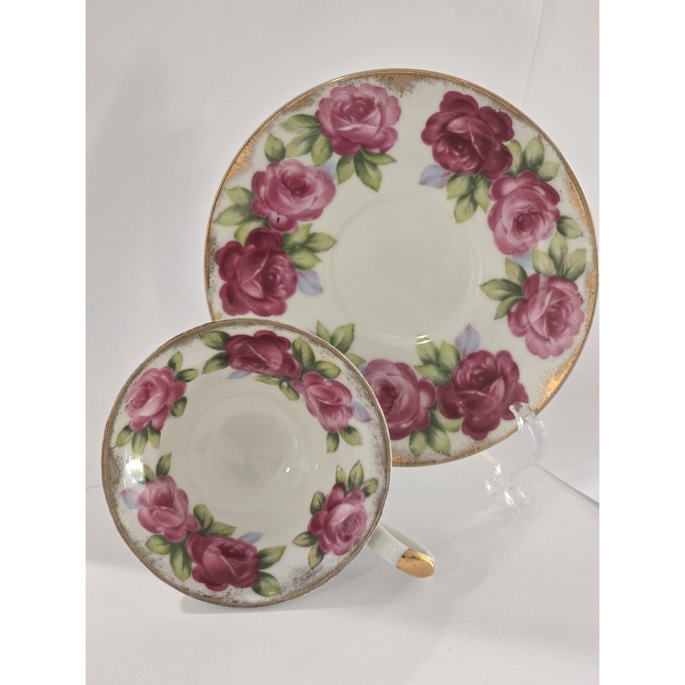 Vtg Del Mar Japan Hand‎ Painted Pink Roses Teacup and Saucer Lusterware Gold